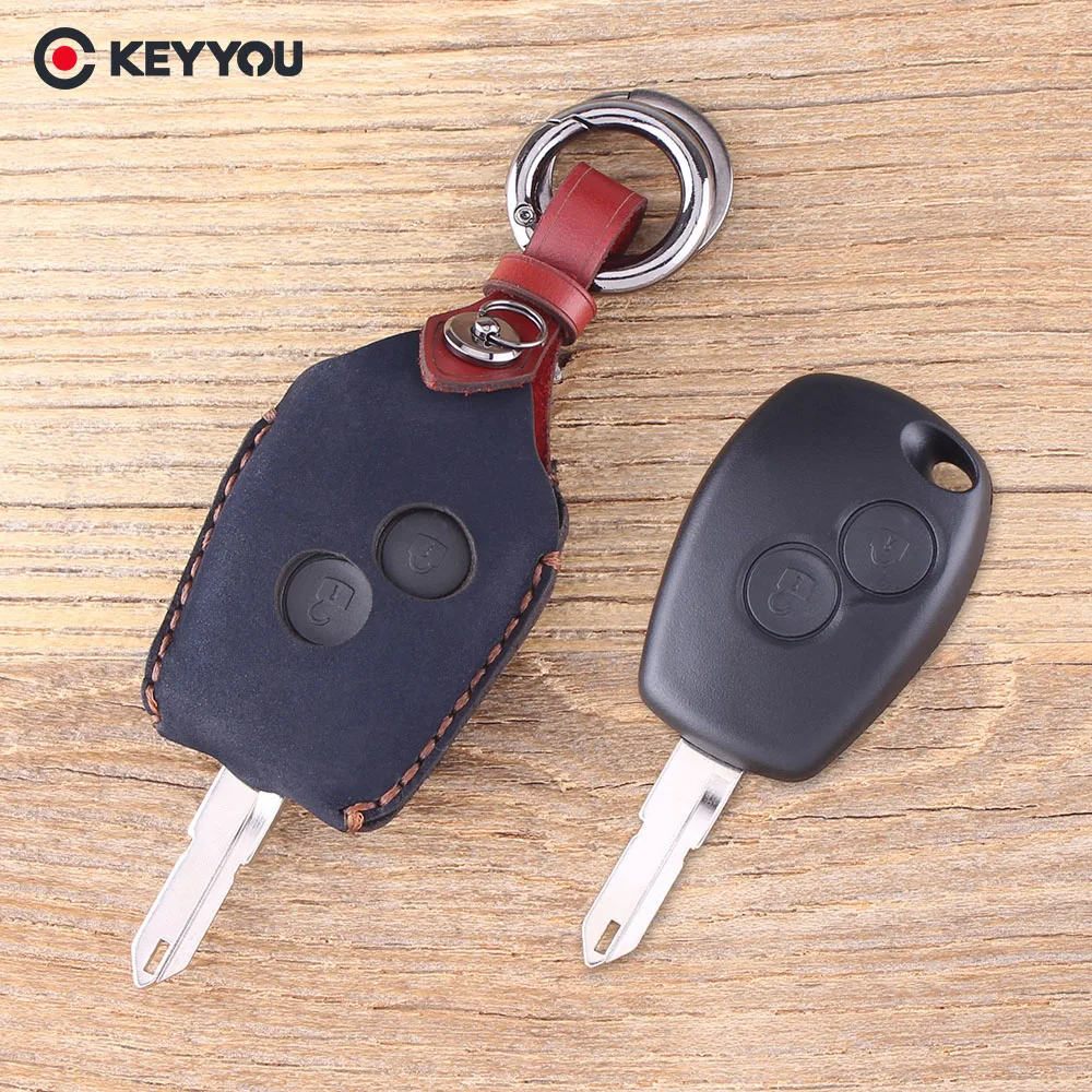 Кожаный чехол для ключей KEYYOU с дистанционным брелоком для автомобиля, 2 кнопки для Renault 206 Kangoo Clio Logan Sandero, чехол для ключей для автомобиля