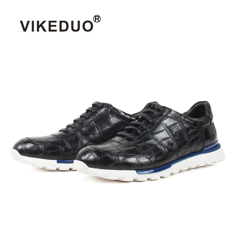 VIKEDUO кроссовки из натуральной крокодиловой кожи на шнуровке ручной работы Черная клетчатая обувь повседневная офисная Свадебная Спортивная кожаная мужская обувь