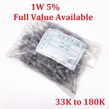 500 шт 1 Вт оксидный карабом металлический пленочный резистор 33 K/36 K/39 K/43 K/47 K/51 K/56 K/62 K/68 K/75 K/82 k/91 K/100 K/120 K/150 K/180 K/Ohm 5
