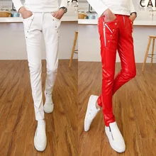 Весна и осень Новые повседневные обтягивающие мужские кожаные брюки тонкие белые локомотив мужские кожаные брюки мужские Ropa De Hombre