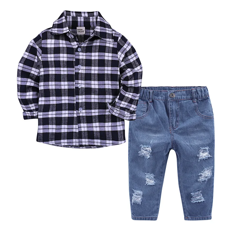 

2019 new spring boys beautiful jeans wear clothes kids suits children boys plaid shirt +denim pants 2pcs Clothing Set