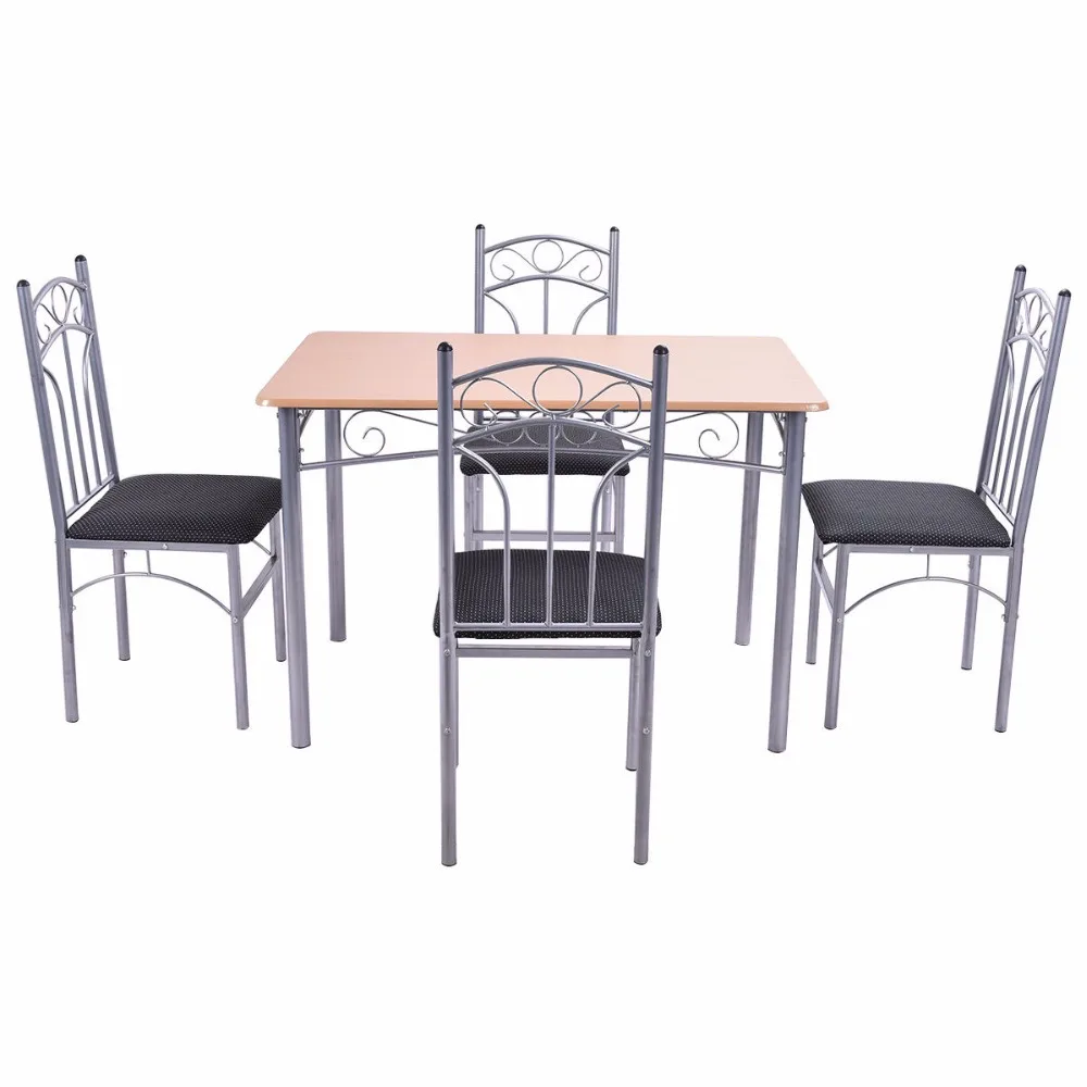 Goplus 5PCS Dining Room Set Wood And Metal Dining Table + 4 Dining Chairs Stylish Home Kitchen Modern Furniture HW52158