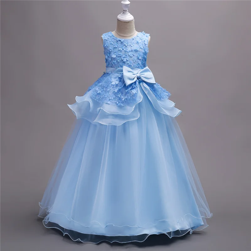 

Girls Dress Bow Flower Long Evening Dresses Autumn 2018 Children's Costumes Party Wedding Princess Dress Teenager Prom Designs