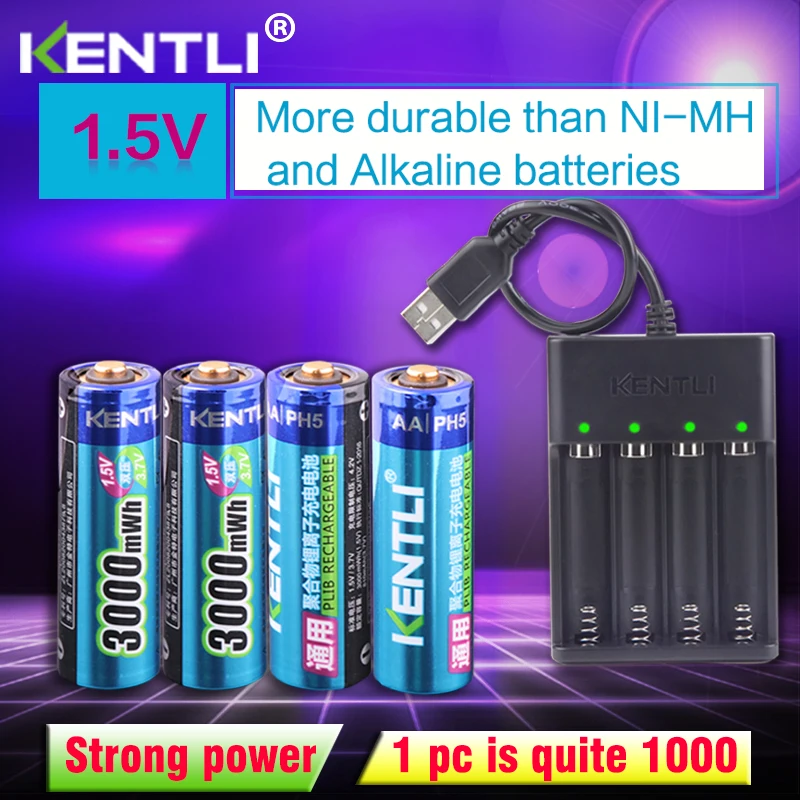 

4pcs KENTLI AA 1.5V 3000mWh polymer lithium li-ion rechargeable batteries battery+4 slots USB li-ion battery charger