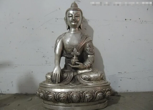 

fast shipping USPS to USA S0339 Tibet Buddhism White Bronze Silver Dragon apothecary Sakyamuni Buddha Statue