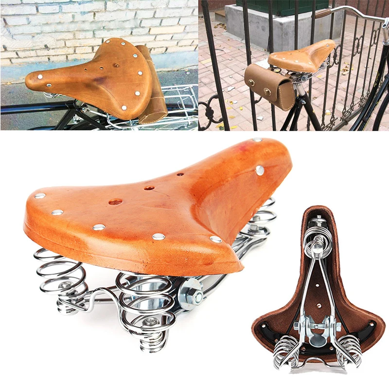 Vintage Brown Bicycle Bike Genuine Leather Cycling Saddle Seat With