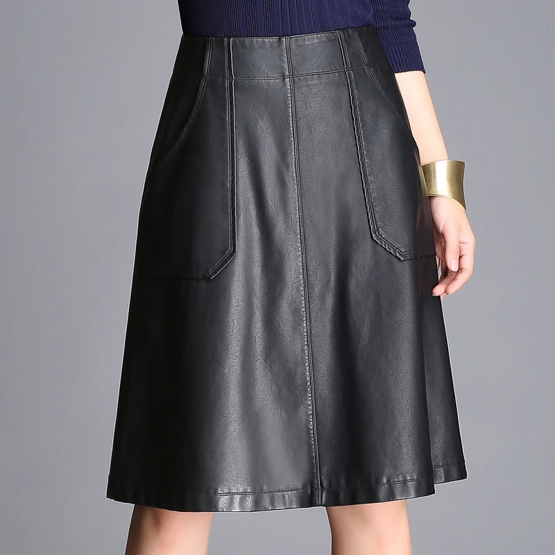 Womens Knee Length Skirt PU Leather Skirt Slim Waist 2016 Autumn ...