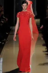 Elie_Saab Красный Вечерние Платья О-Образным Вырезом с коротким рукавом длиной до пола, Шифон Аппликация Из Бисера Блестками Платья