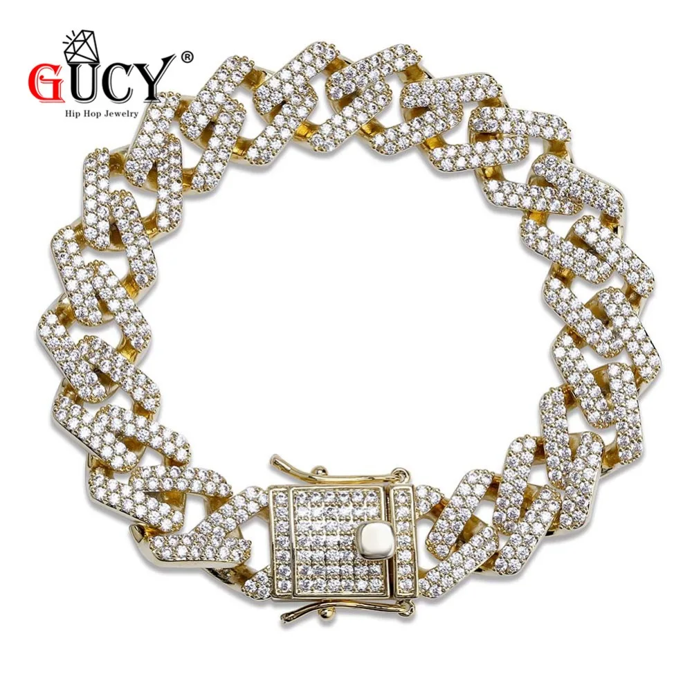 

GUCY New Arrival 14MM Cuban Link Bracelet Micro Pave AAA Cubic Zircon Chain Bracelets All Iced Out Charm Hip Hop Jewelry For Men