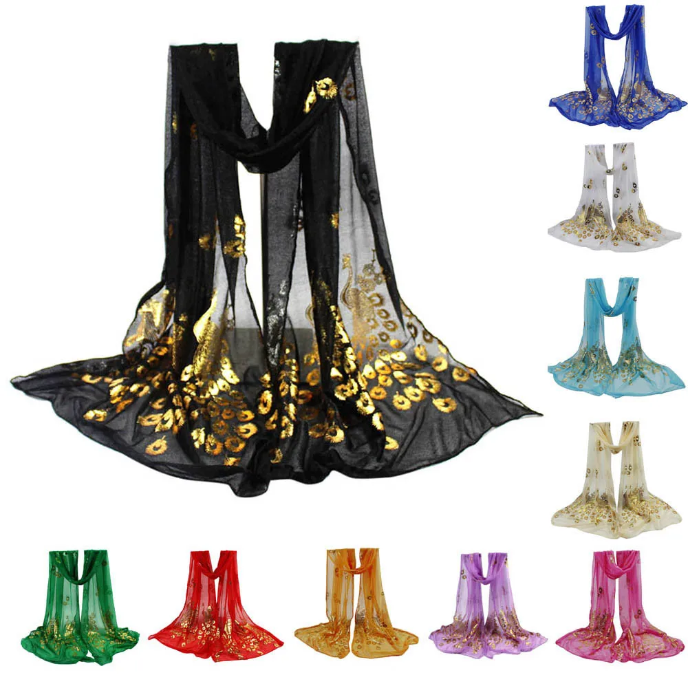

Fashion Women Ladies Spring Autumn Multi-color Nylon Peacock Flower Scarf Long Soft Summer Wrap Shawl