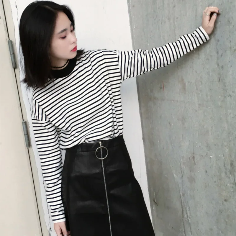 

Summer Women Fashion Turtleneck T-Shirt Causal Strip Long Sleeve Crop Top For Female