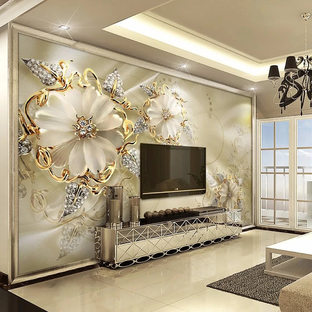 3D European Style Marble Diamond Jewelry Flower Wallpaper Mural High