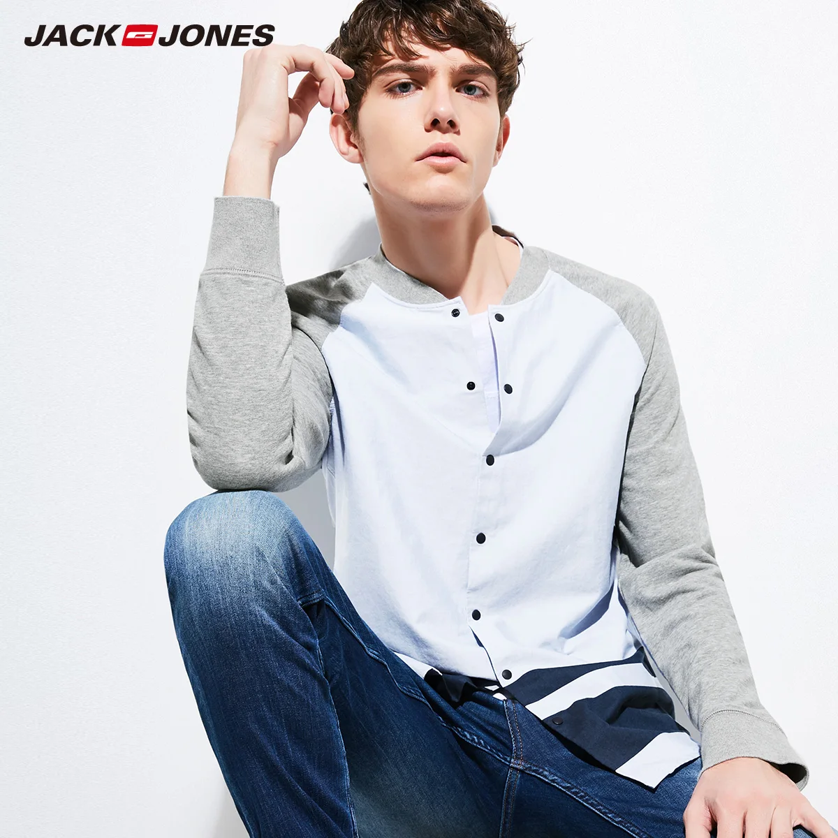 JackJones для мужчин лето 100% хлопок контрастной полосой сращивания рубашка с длинными рукавами мужской Slim Fit популярные конструкции C | 217305516