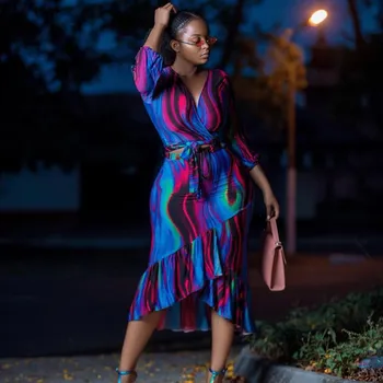 

Wave Striped Print Sexy Two Piece Set Streetwear Package Hip Skirt Set Bow Tie Deep V Neck 2 Piece Outfit