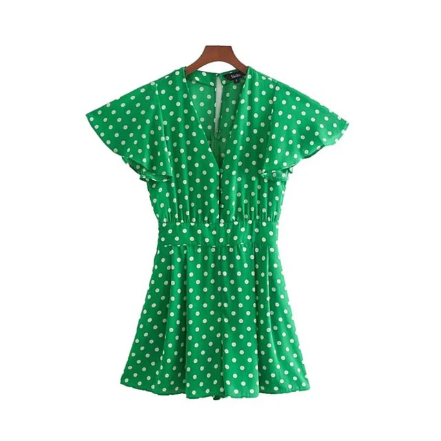 Green Jumpsuits Для женщин в горошек костюмы для игры с принтом карманы плиссированные сладкий Кнопка пляжные комбинезоны комбинезон короткий рукав Повседневная Женская обувь Комбинезоны для женщин - Цвет: Green Jumpsuits