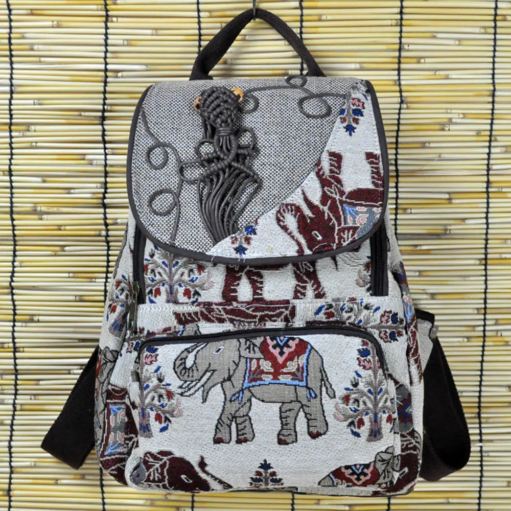 Thail Boho mujer Mochila elefante bordado Mochila lona hombro bolsa viaje Mochila escolar mujer Mochila