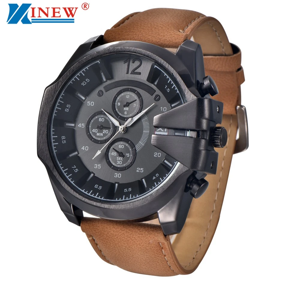 

Brand Sports Watch Mens Luxury Steel Case Quartz Watches Men Leather Strap Military Wrist Watch Male Clock Relogio #Zer