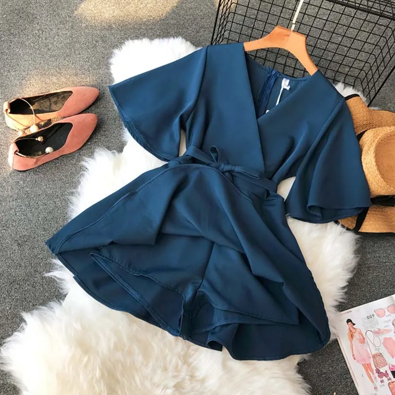 

Women's V neck flare sleeve solid color Playsuits Lady's Vintage Spring Summer Wide leg shorts Jumpsuits 2019 summer new rompers