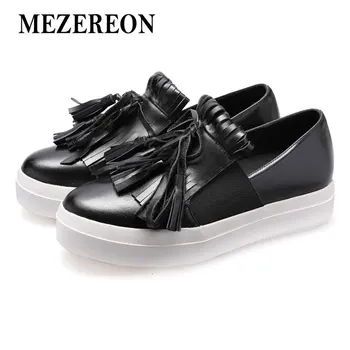

MEZEREON Casual Shoes Woman Slip On Women Flats Genuine Leather Loafers With Tassels Women Flat Shoes Platform Flats For Woman