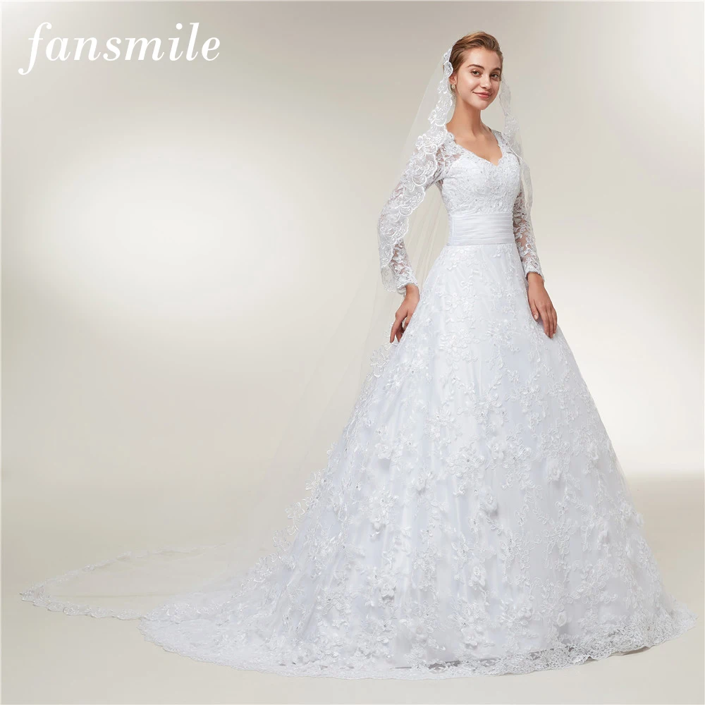 Fansmile Свадебные платья с длинными рукавами и кружевом Vestido De Noiva 2020 размера плюс на