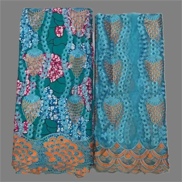 

Nice beaded African embroidery ankara batik wax lace fabric(6y) and French net lace fabric(2y) for dress WNL20
