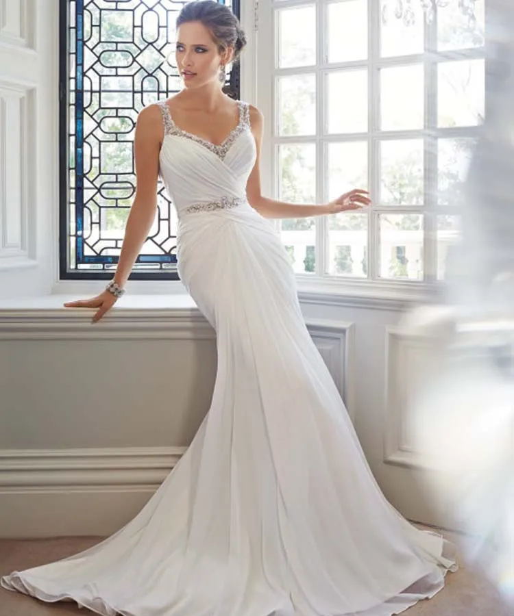 Chiffon Beach Wedding Dresses Beaded Straps Sweep Train Long Bridal Gown Sexy Backless Bride