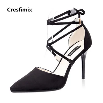 

Cresfimix tacones altos women fashion cute spring summer pointed toe black high heel shoes female cool string tie shoes b2560