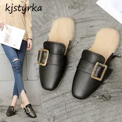 Kjstyrka 2018 для женщин шлёпанцы для мода квадратный носок пряжка Плюшевые удобные мягкие простые из искусственной кожи Уличная обувь