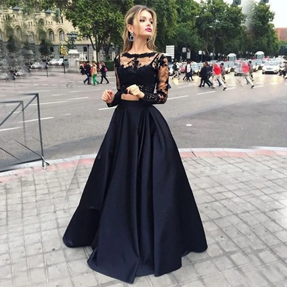 Wedding Prom Dresses Long Sleeve online get cheap long sleeve prom dresses aliexpress com black two pieces evening gowns jewel neck sleeves lace 2 crop top graduation floor length