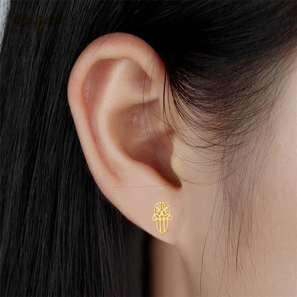 Small Earrings for Girl Hollow Vintage Design Fatima Hamsa Hand Stud Earring Jewelry Golden Stainless Steel Women Accosseries 3
