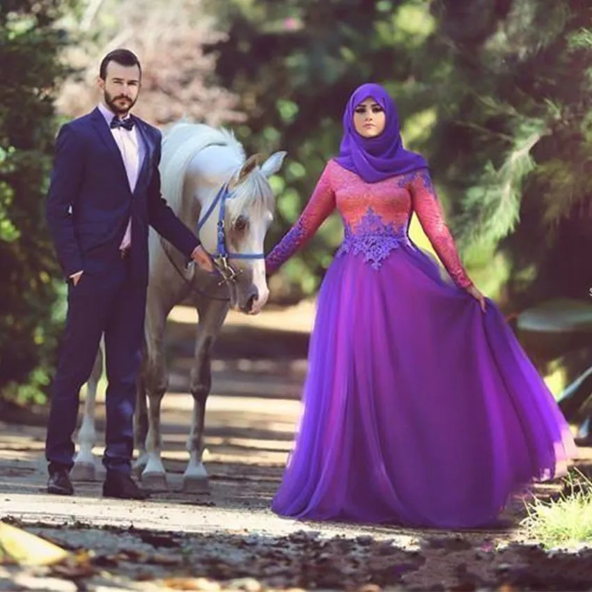 Vestidos de novia очаровательное Королевское фиолетовое свадебное платье с аппликацией и длинным рукавом мусульманское кружевное свадебное платье