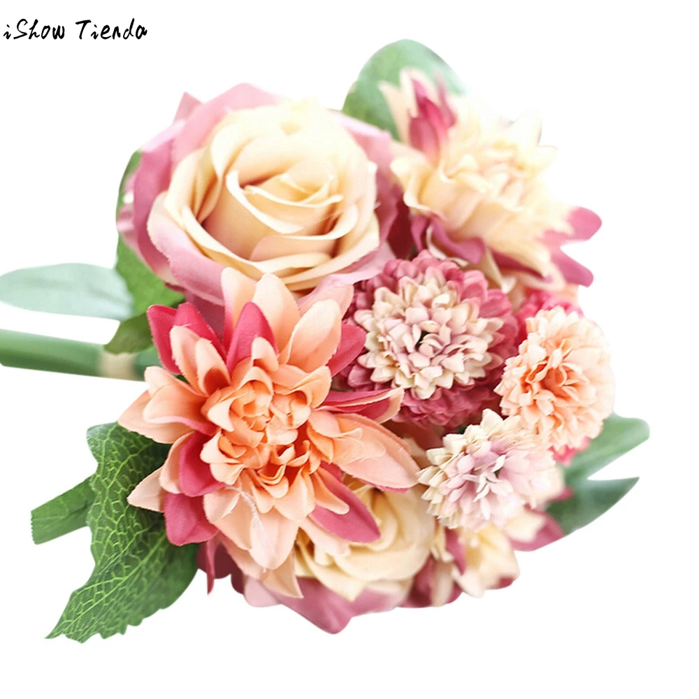 hot sale Artificial Silk Fake Flowers Leaf Rose Floral Wedding Bouquet