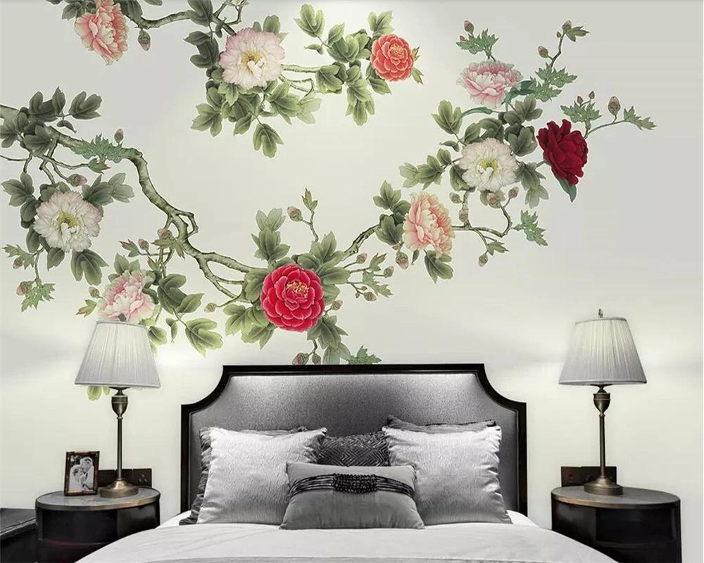 

Beibehang Custom wallpaper Chinese style HD hand-painted Chinese painting Peony flower open mural TV background 3d wallpaper