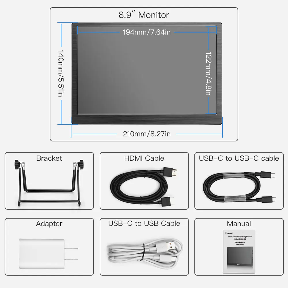 Eyoyo 8,9 дюймовый мини-монитор 1920x1200 ips дисплей USB-C& HDMI видео вход совместим с портативным монитором MAC