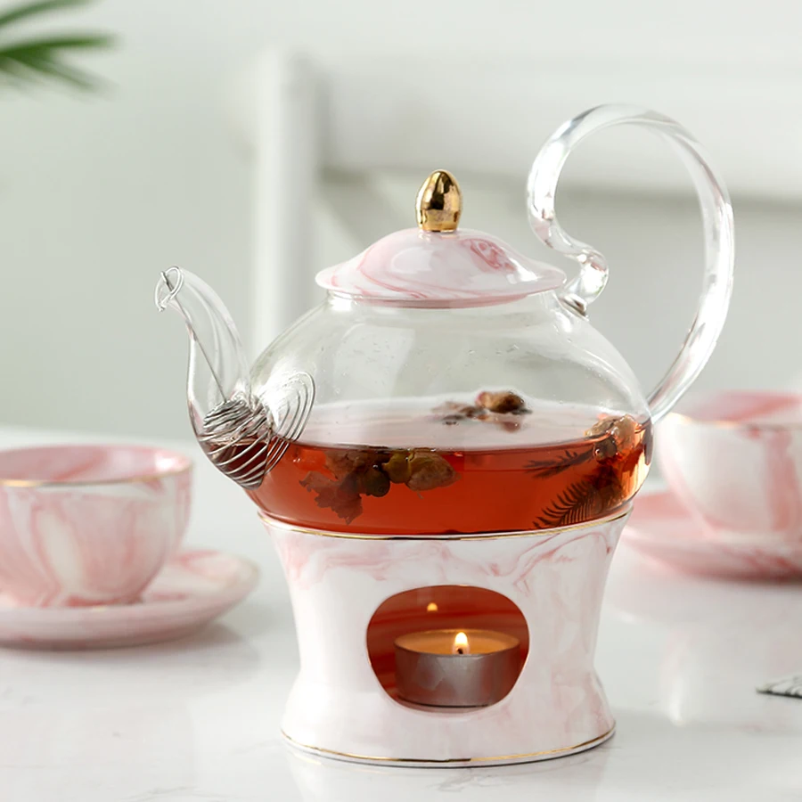 Стекло Чай горшок с Керамика подставка для чайника Творческий Мрамор дизайн Чай инструмент чайник комплект с фильтром и лампы в форме свечи