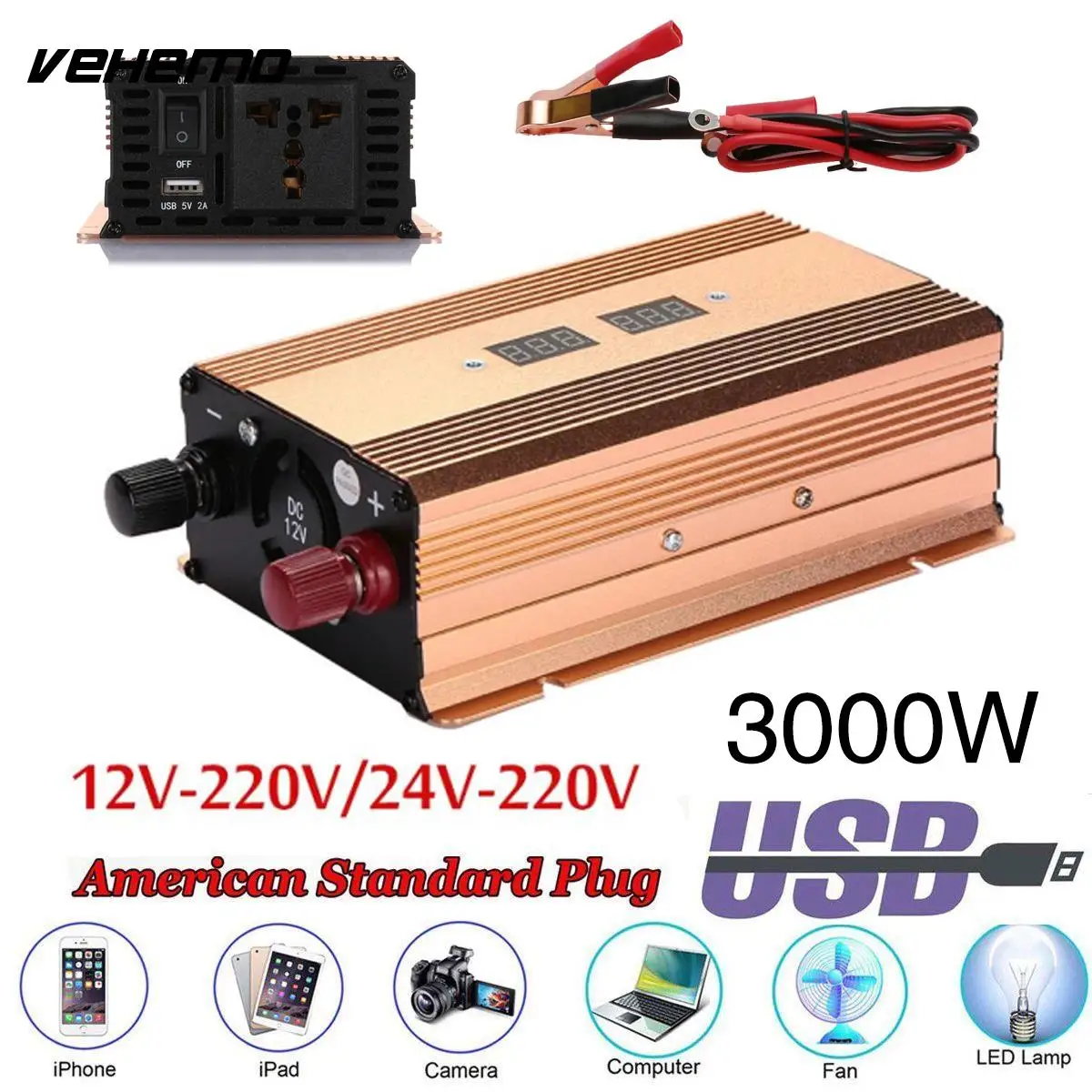 

Vehemo DC 12V To AC 220V Gold Solar Inverter Power Supply Car Inverter Smart Portable Adapter Modified Sine Wave