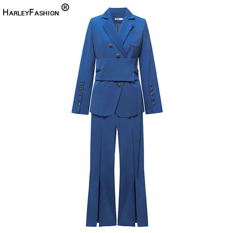 

HarleyFashion New Style Autumn Slim Female Suit Tie-Waist Slim Pants leg split Casual Office Women's Set