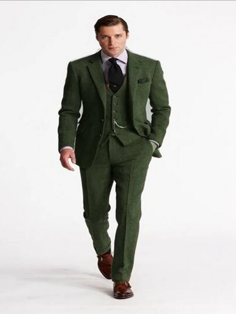 Зимние Винтаж зеленый твидовый костюм Для мужчин Пользовательские Slim Fit Нарядные Костюмы для свадьбы для Для мужчин комплект из 3 предметов