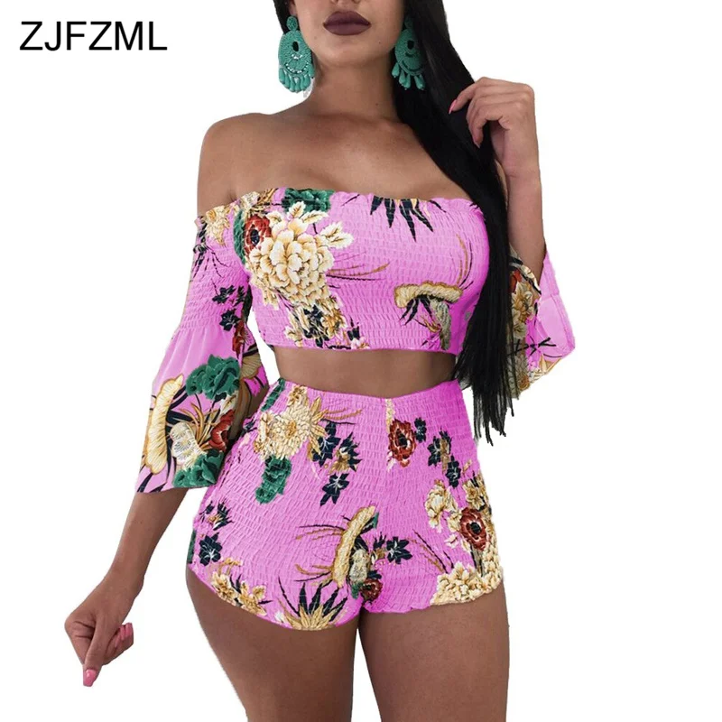 

ZJFZML Sexy 2 Piece Set 2019 Women Slash Neck Flare Sleeve Crop Tops And Floral Print Skinny Short Summer Two Piece Outfit Suits