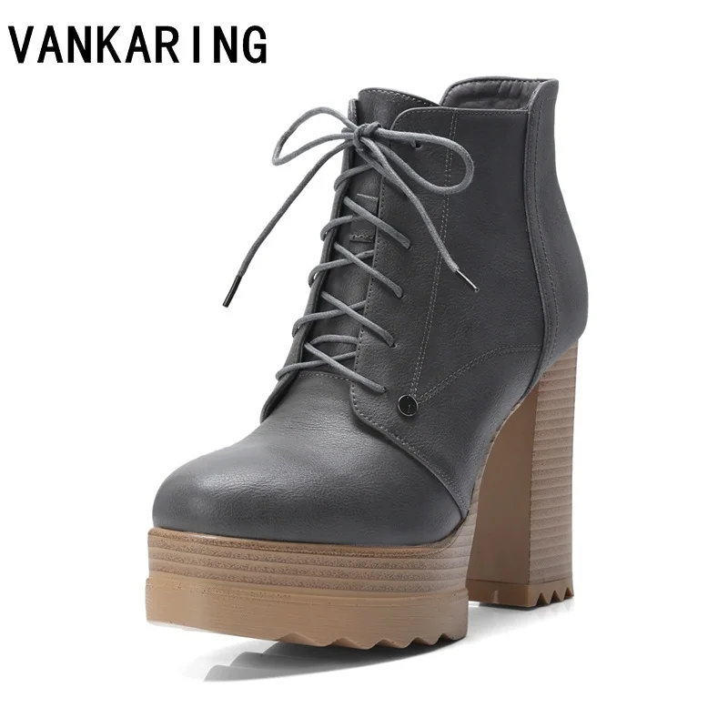 

VANKARING microfiber leather shoes women ankle boots high heel riding boots handmade autumn winter platform snow boots black