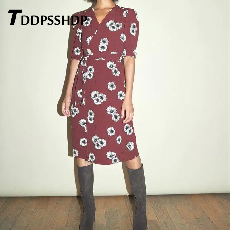 

Little White Flower Printing Women Dress Burgundy Color 2019 Summer Short Sleeve Waist Strap Female Dresses