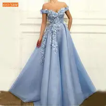 Blau Weg Von der Schulter Prom Kleider Lange 2020 vestidos de gala Tüll 3D Blume Perlen Pageant EINE Linie Abendkleider frauen Kleid