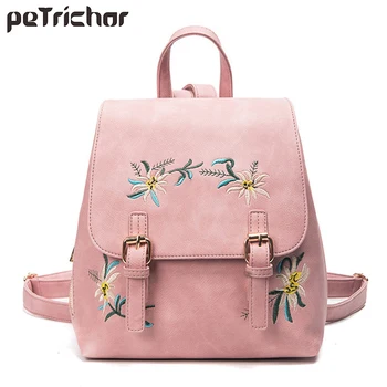 

Petrichor Lady Women Backpack Embroidery Floral School Bag For Teenage Brand Designer Ladies PU Leather Girls Bolsa Phone Pocket
