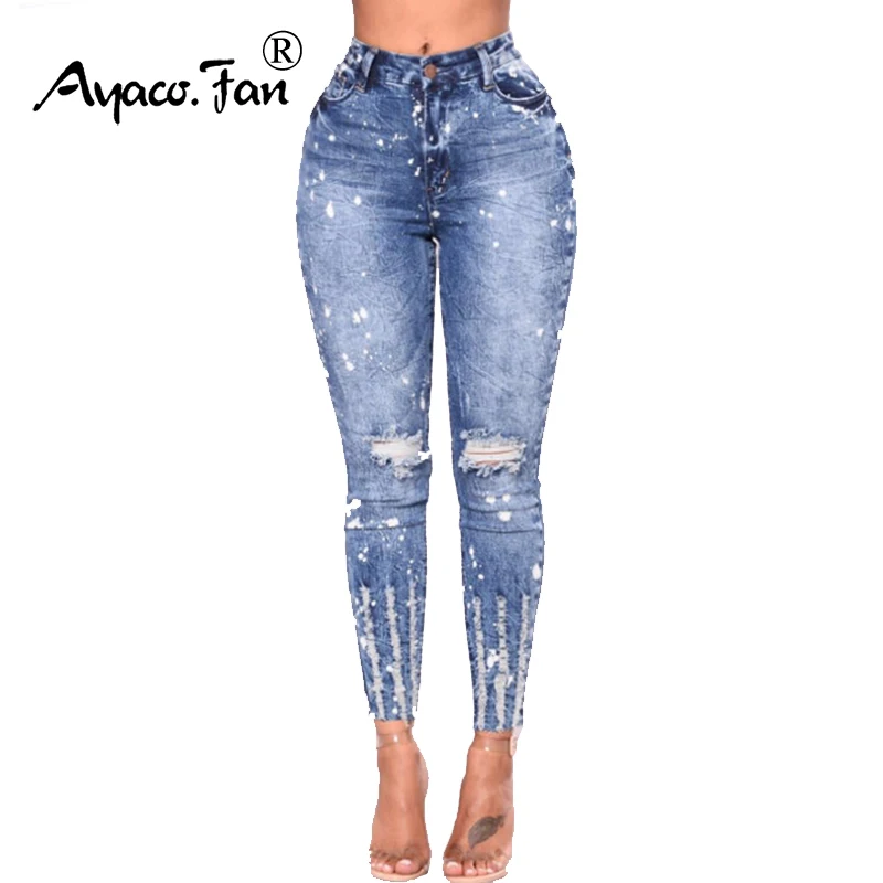 

2019 Women Jeans Spring Summer Stretchy Blue Hole Ripped Casual Jeans Woman Denim Pants Trousers For Women Pencil Skinny Jeans