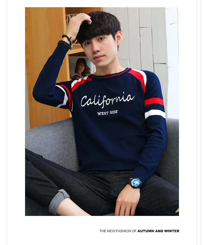 2019 Autumn Contrast Color Sweater Men O-Neck Cotton Knitted Pullover Men Winter Fashion Korean Style Striped Mens Sweaters Male 08