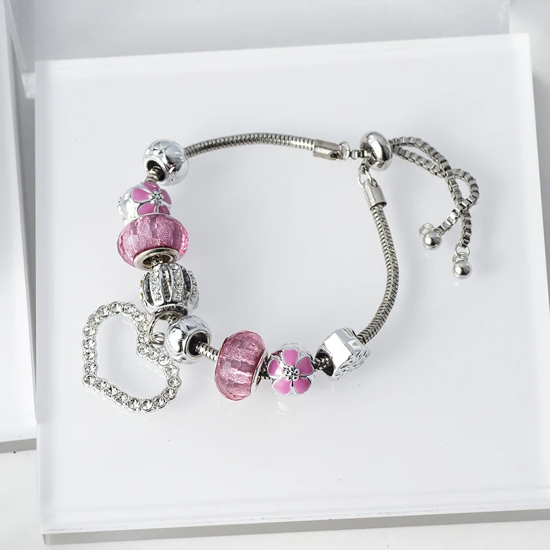 

New Stainless Steel Charm Bracelet Hollow Out Heart Multi Beads Design Bracelets Bangles Pulseras Boho Jewelry Gift for Women