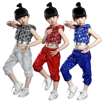 

2019 New Fashion Street Dance Girls Sequins Jazz Dance Costumes For Girls Kids Hip Hop Dancing Performance Hip Hop Costumes XXl