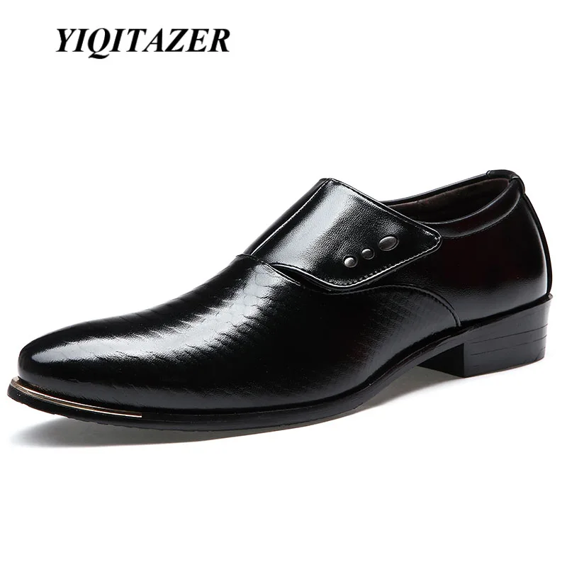 

YIQITAZER 2017 New Fashion Men Wedding Dress Shoes,Black Shoes Round Toe Business British Slipon Geniune Men's shoes