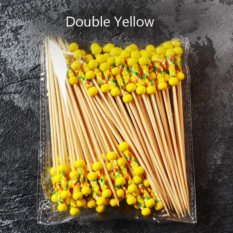 Double Yellow GIEMZA 100 шт одноразовая палочка цвет натуральная бамбуковая палочка фруктовый знак зубочистка оформление коктейлей знак вилка для фруктов и десертов инструмент - Цвет: Double Yellow