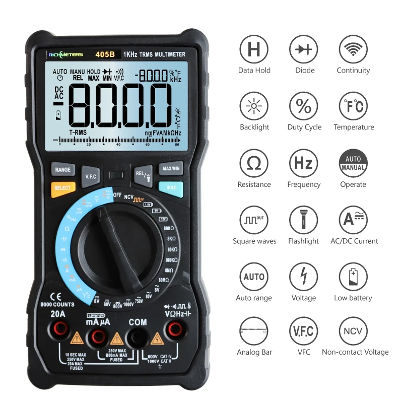 RM405B 20A Digital Multimeter 8000 Counts auto-ranging NCV AC/DC Voltage Current Ohm Temperature